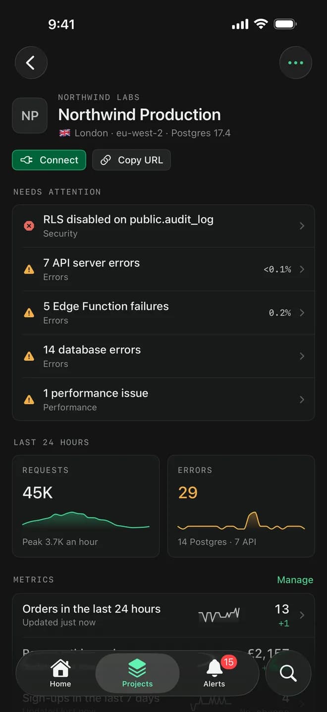 A project overview in Basewatch with its alerts, requests and errors.