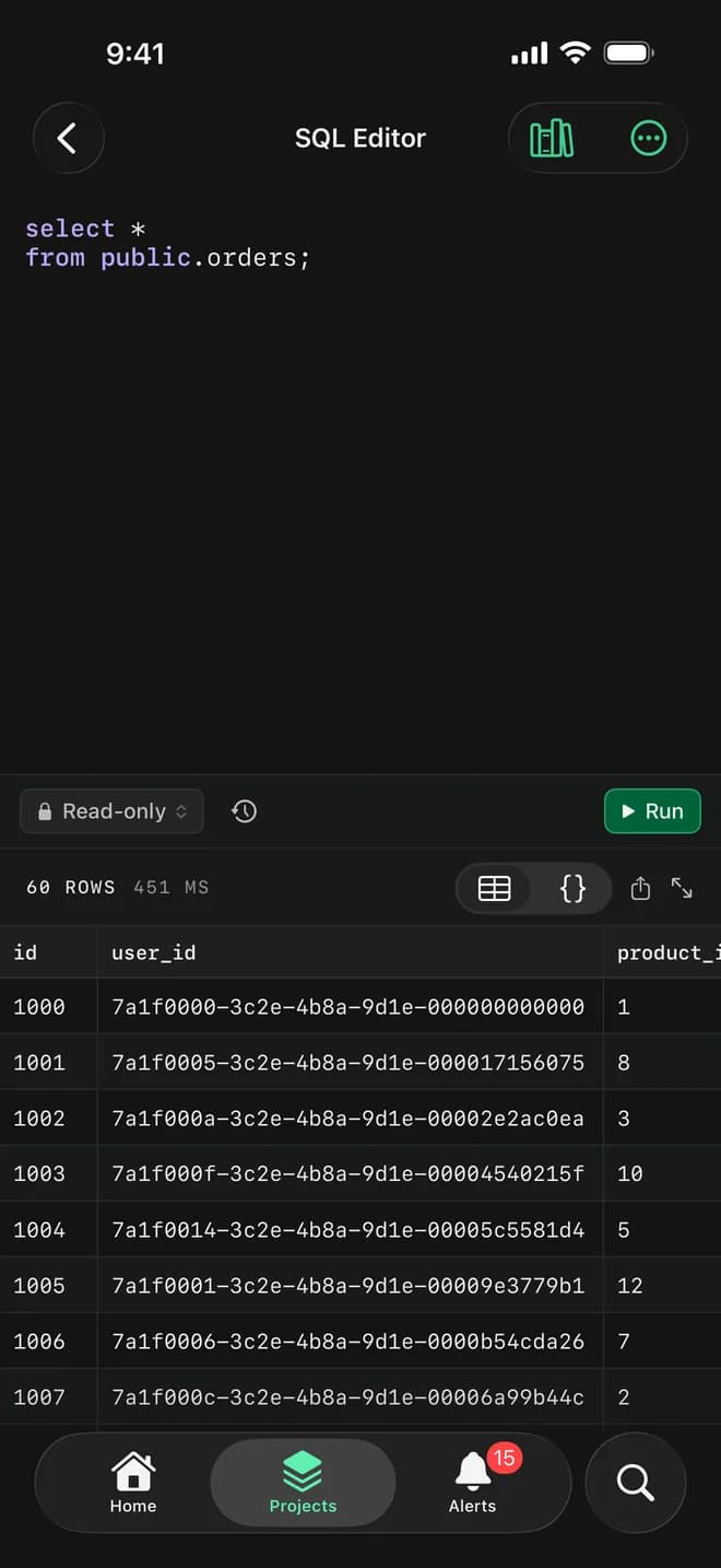 Basewatch's SQL editor showing the results of a query on the orders table.