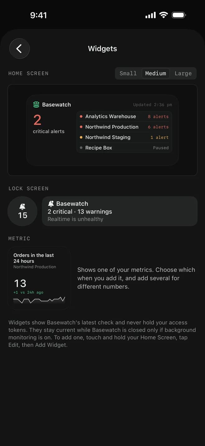 Basewatch's widgets: project status on the Home Screen, alerts on the Lock Screen and a metric.