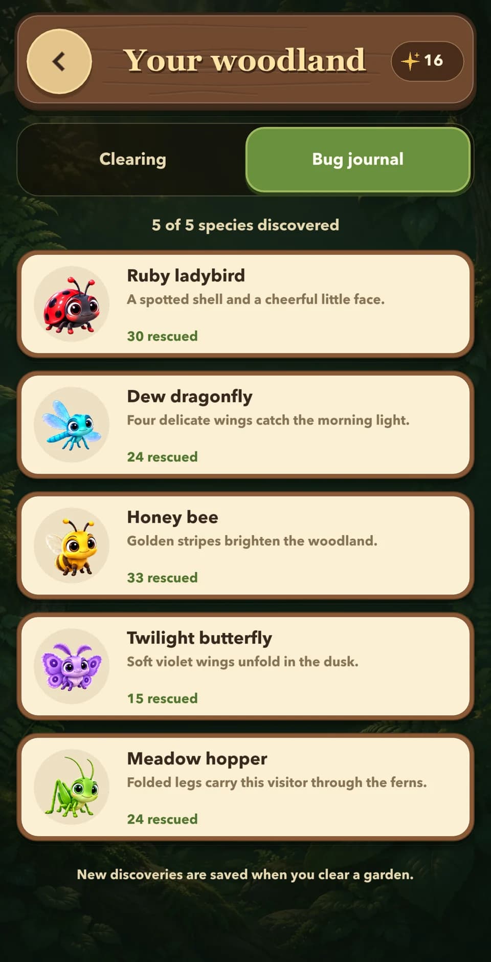 The bug journal with all 5 species discovered: the Ruby ladybird, Dew dragonfly, Honey bee, Twilight butterfly and Meadow hopper, each with how many you've rescued.