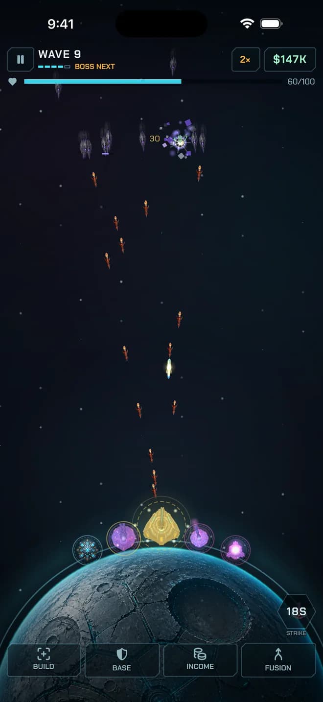 Wave 9 in Voidfall: rockets and gatling fire climb from the turret ring around the planet towards a cluster of alien craft, with the Build, Base, Income and Fusion tabs along the dock.