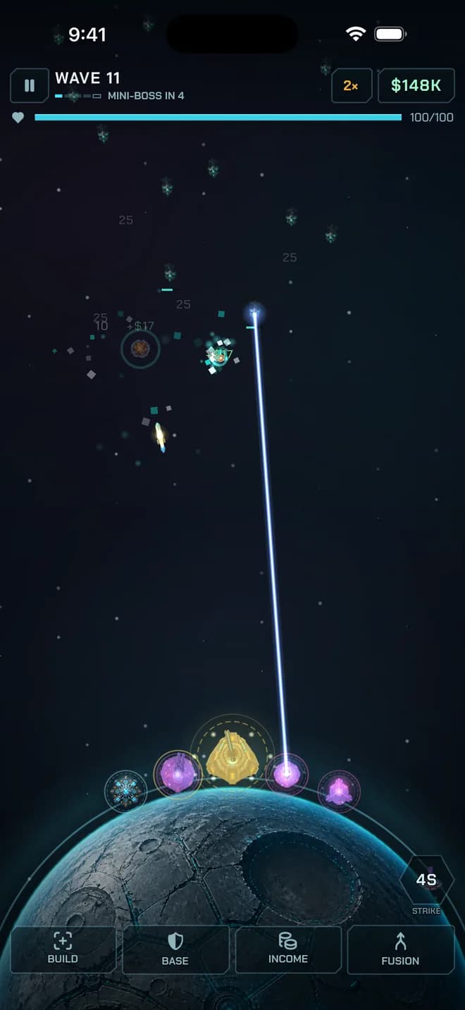 Wave 11: a laser beam fires from a skinned turret at the base while rockets arc up at the falling craft.