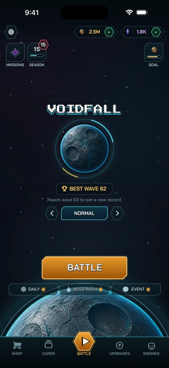 The Voidfall home screen: the planet under the pixel VOIDFALL wordmark, Best Wave 62, the Normal difficulty picker, the amber Battle button and the Daily, Boss Rush and Event tabs.