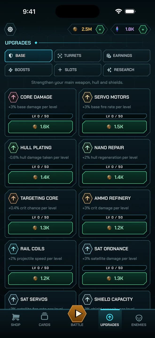 The Upgrades screen's Base tab: hexagon-badged upgrades such as Core Damage, Servo Motors, Hull Plating and Nano Repair, each with a green coin price.