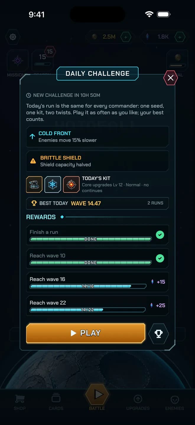 The Daily Challenge sheet: today's two twists, Cold Front and Brittle Shield, the day's kit, the day's best run and the reward track, with an amber Play button.