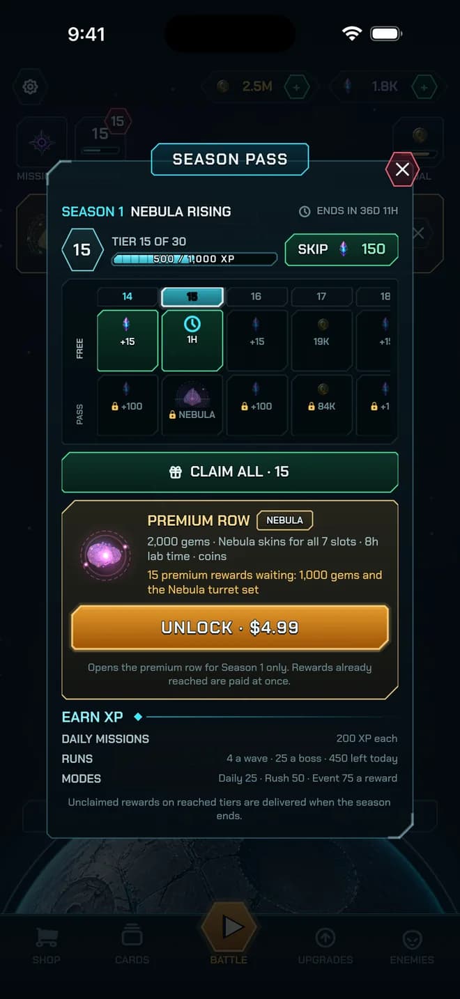 The Season Pass sheet for Season 1, Nebula Rising: tier 15 of 30, free and premium reward rows and a Claim All button.