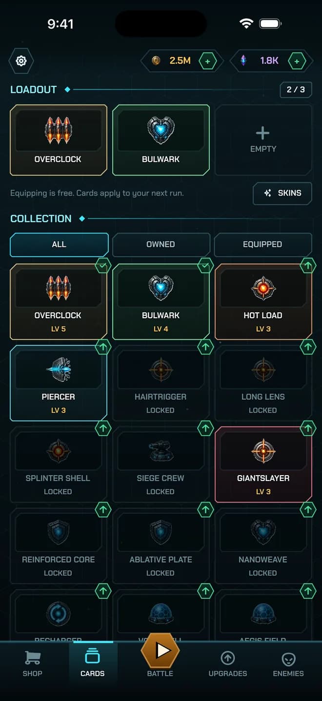 The Cards screen: a three-slot loadout holding Overclock and Bulwark, and the collection grid with Hot Load, Piercer and Giantslayer unlocked.