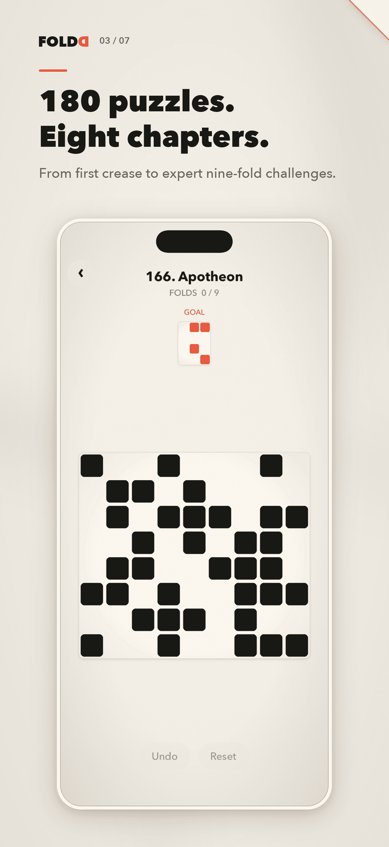 An expert Foldd puzzle with a nine-fold target and the heading 180 puzzles. Eight chapters.