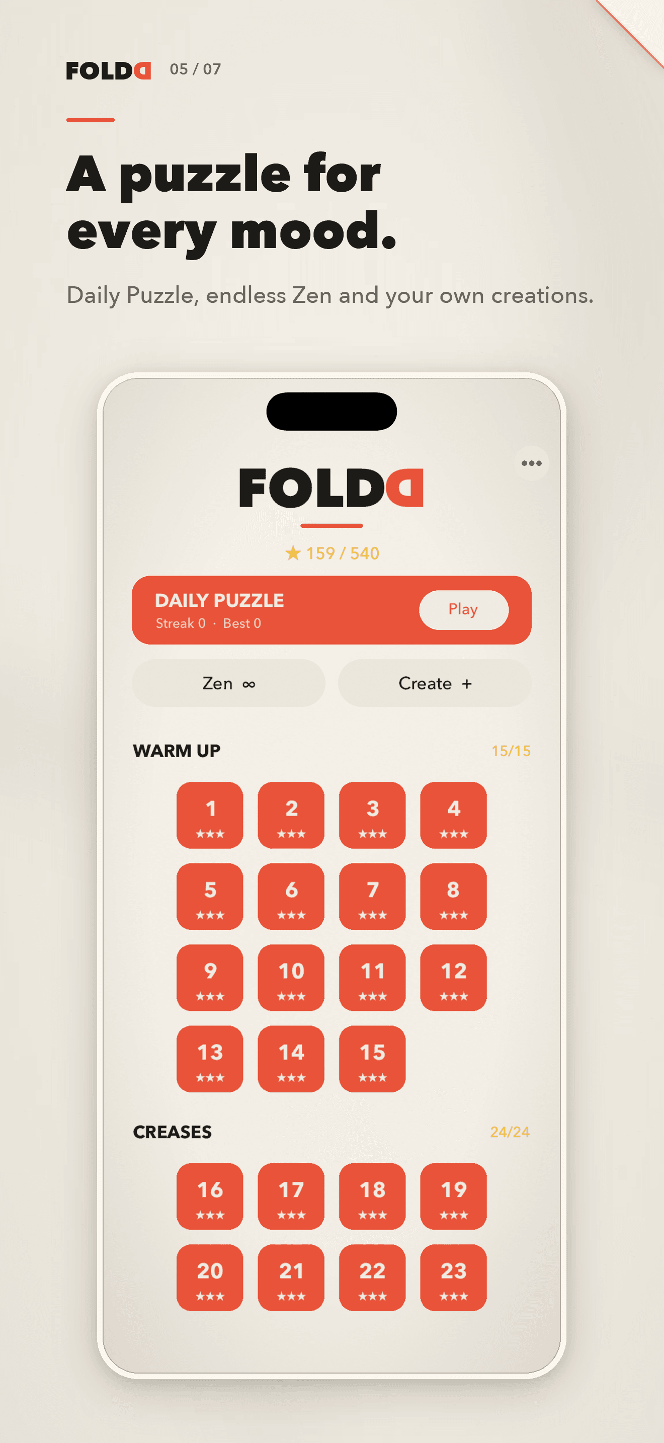 The Foldd campaign menu with Daily Puzzle, Zen and Create choices.