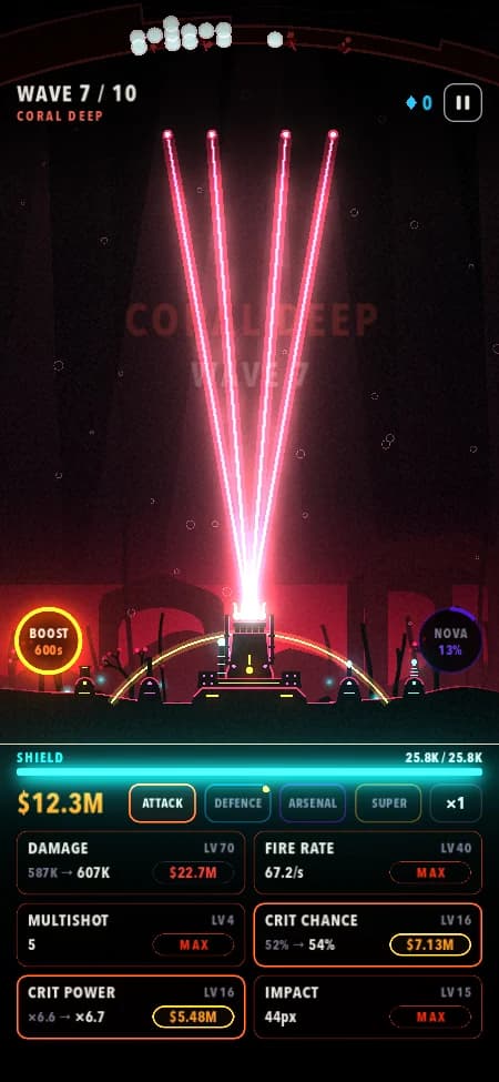 A late-game run in Last Arc: three pink laser beams tear into a boss while Boost and Nova abilities glow at the sides.